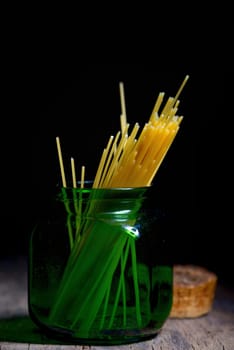 Spaghetti container jar on wooden table