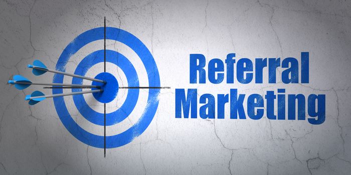 Success marketing concept: arrows hitting the center of target, Blue Referral Marketing on wall background, 3D rendering