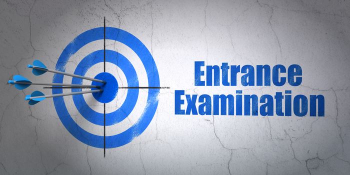 Success Learning concept: arrows hitting the center of target, Blue Entrance Examination on wall background, 3D rendering