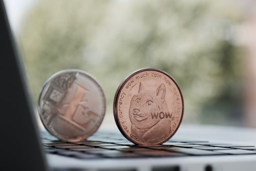 Cryptocurrency physical brass dogecoin coin and silver Litecoin in the background near window.