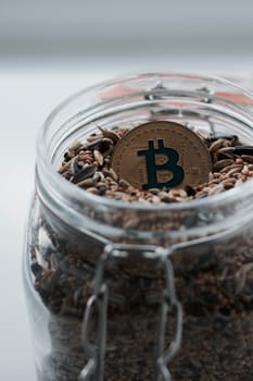 Cryptocurrency physcial gold bitcoin coin in jar with seeds.
