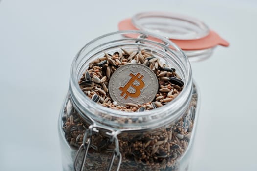 Cryptocurrency physical silver bitcoin coin in jar with seeds.