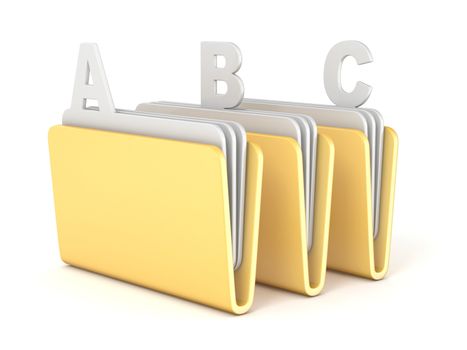 Three computer folder with ABC files 3D render illustration isolated on white background