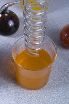 Liquids of different colors in laboratory containers