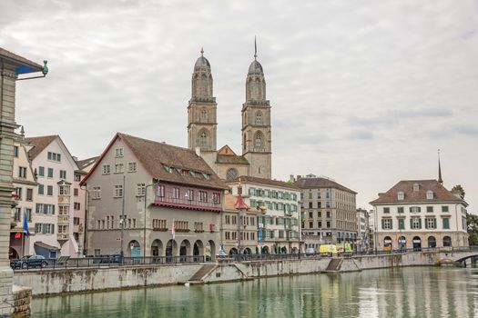 Zurich, Switzerland - June 10, 2017: The Grossmunster is a Romanesque-style Protestant church in Zurich, Switzerland. It is one of the three major churches in the city