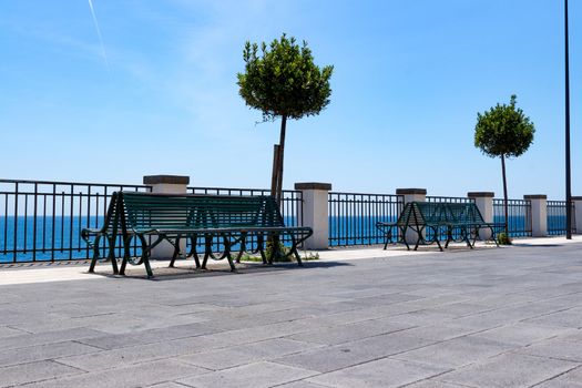 Bench and little tree at the sicilian sea, Italy.