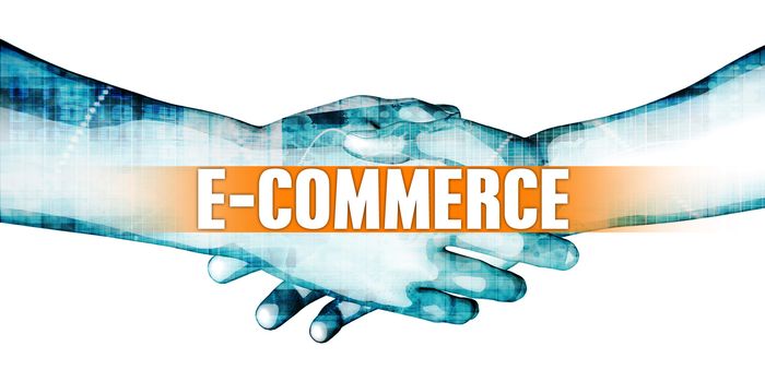 E-commerce Concept with Businessmen Handshake on White Background