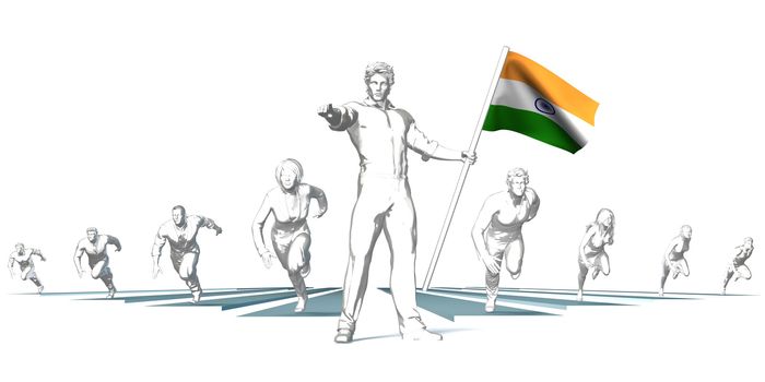 India Racing to the Future with Man Holding Flag