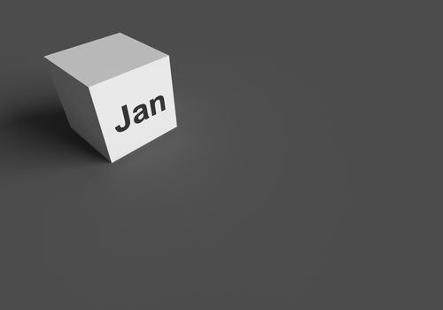 3D RENDERING OF "Jan" (ABBREVIATION OF JANUARY) ON WHITE CUBE, STOCK PHOTO
