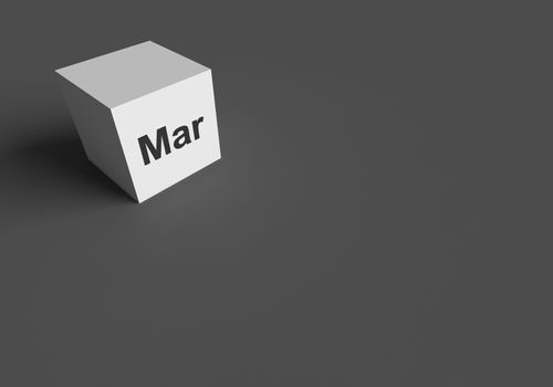 3D RENDERING OF "Mar" (ABBREVIATION OF MARCH) ON WHITE CUBE, STOCK PHOTO