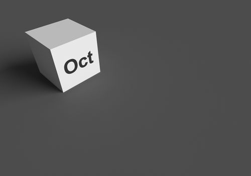 3D RENDERING OF "Oct" (ABBREVIATION OF OCTOBER) ON WHITE CUBE, STOCK PHOTO