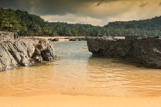 Praia Coco on an overcast day, Principe Island, Sao Tome and Principe, Africa