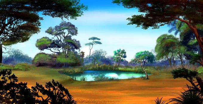 Idyllic View of the Small Pond on a Forest Glade Surrounded by Trees in a Sunny Summer day. Digital Painting Background, Illustration in cartoon style character.
