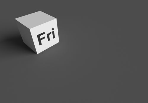 3D RENDERING OF Fri (ABBREVIATION OF FRIDAY) ON WHITE CUBE, STOCK PHOTO