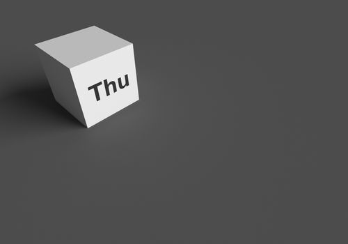 3D RENDERING OF Thu (ABBREVIATION OF THURSDAY) ON WHITE CUBE, STOCK PHOTO