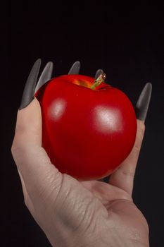 Red apple in the hands of a witch