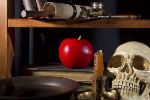 Gothic still life with a skull and an apple