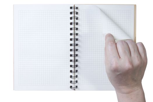 Hand on empty notepad isolated on white