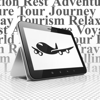 Vacation concept: Tablet Computer with  black Airplane icon on display,  Tag Cloud background, 3D rendering