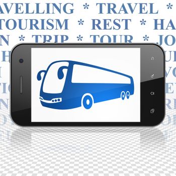 Travel concept: Smartphone with  blue Bus icon on display,  Tag Cloud background, 3D rendering