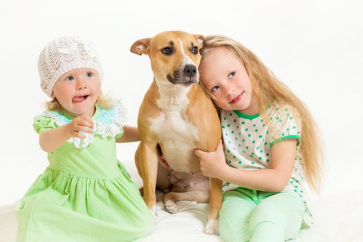 two little girls and dog on the isolated background