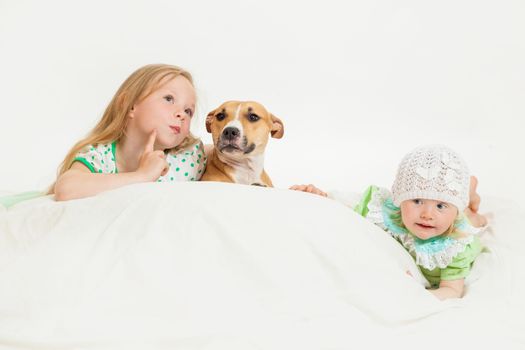 two little girls and dog on the isolated background