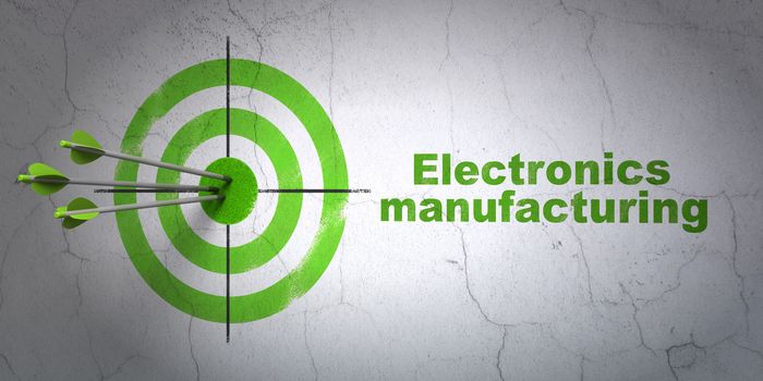 Success Industry concept: arrows hitting the center of target, Green Electronics Manufacturing on wall background, 3D rendering
