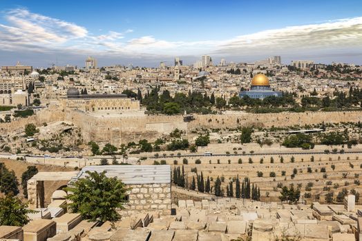 View of Jerusalem Old city and the Temple Mount, Dome of the Rock and Al Aqsa Mosque from the Mount of Olives in Jerusalem, Israel