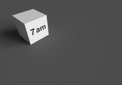 3D RENDERING WORDS 7 am ON WHITE CUBE, STOCK PHOTO