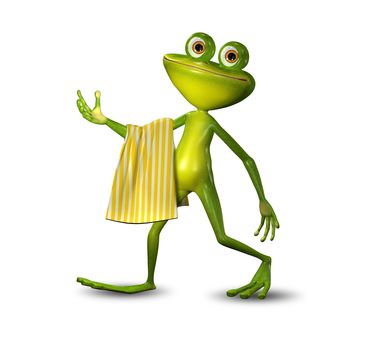 3d Illustration of a Green Frog Walking with a Yellow Towel