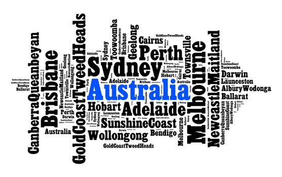 Largest cities in Australia word cloud concept