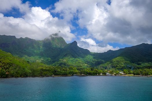 Moorea island harbor and Pacific ocean lagoon landscape. French Polynesia