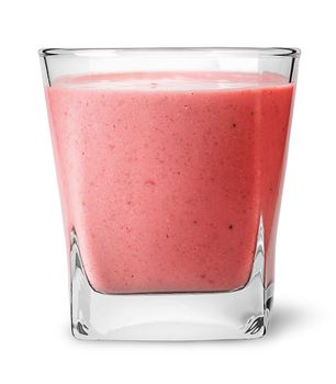 Banana strawberry smoothies in glass isolated on white background