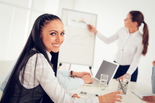 Portrait of a young smiling businesswoman in the office. She is looking at camera  during meeting at which her female colleagues having presentation.