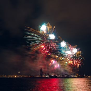 Colored New Year fireworks in centre of Riga