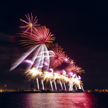 Colored New Year fireworks in centre of Riga