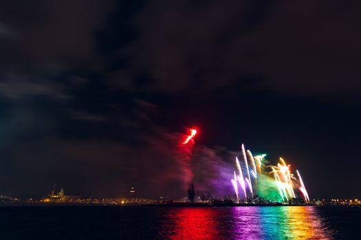 Colored New Year fireworks in centre of Riga