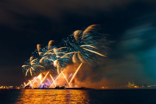 Colored New Year fireworks in centre of Riga