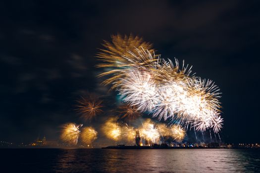 Colored New Year fireworks in centre of Riga