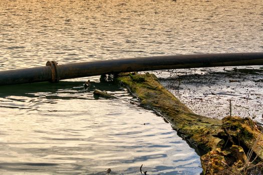 Pipeline, plastic pipes float on the water surface.