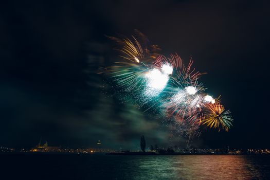 Colored New Year fireworks in centre of Riga