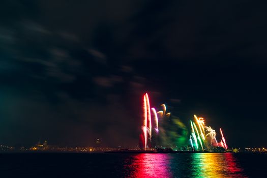 Colored New Year fireworks in centre of Riga