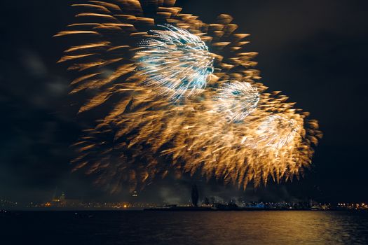 Colored New Year fireworks in centre of Riga