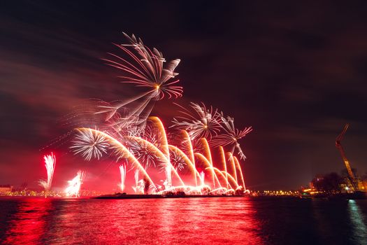 Colored New Year fireworks in centre of Riga