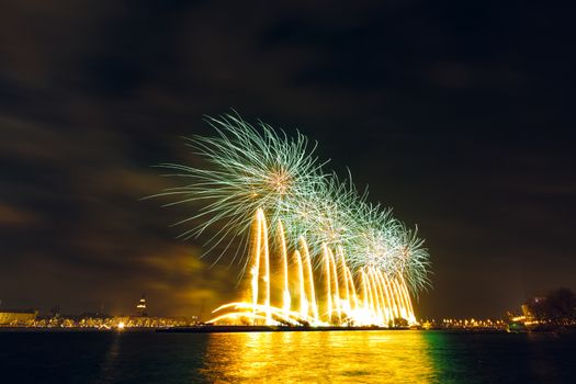 Colored New Year fireworks in centre of Riga