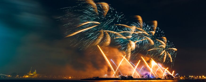 Colored New Year fireworks in centre of Riga