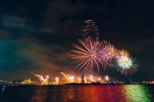 Colored New Year fireworks in centre of Riga