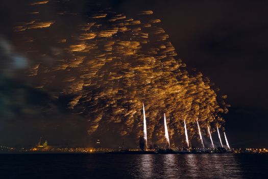 Colored New Year fireworks in centre of Riga