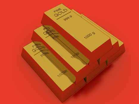 Gold bars isolated on red