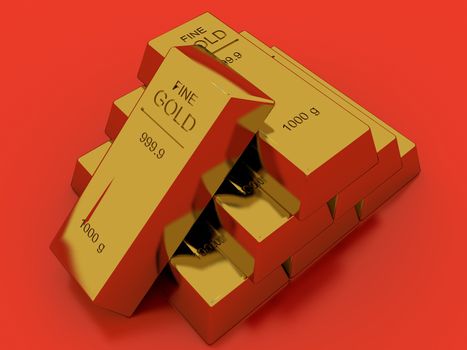 Gold bars isolated on red
